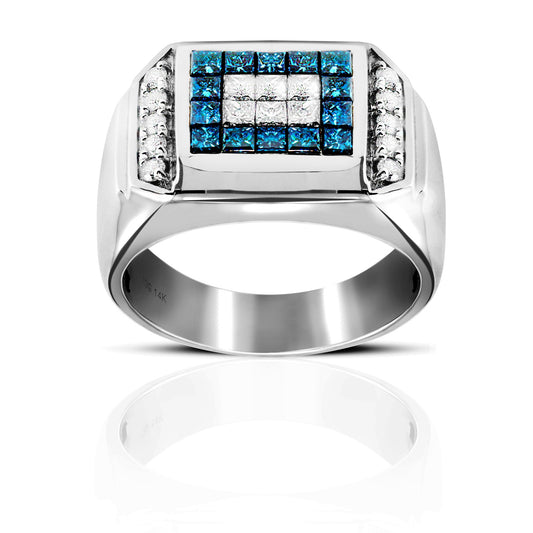 Men's Classic Blue and white Invisible Princess-cut and Channel-Set Diamond ring 14 Karat White Gold