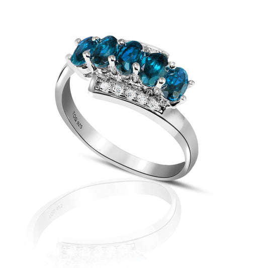 Alluring Blue Sapphire and whit e Topaz Ring set in Sterling Silver