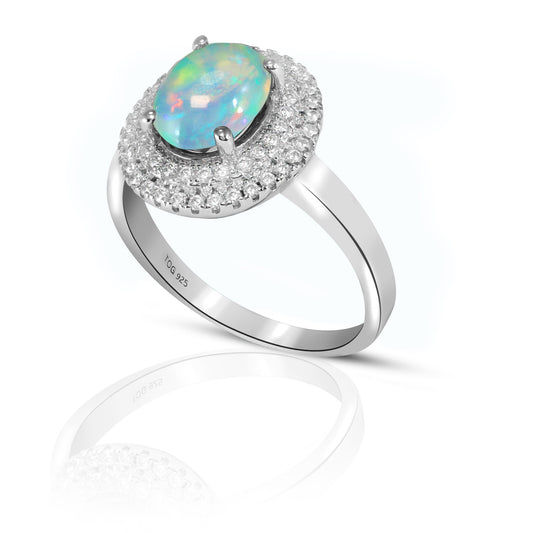 Elegant Opal and White Topaz Ring set in sterling Silver