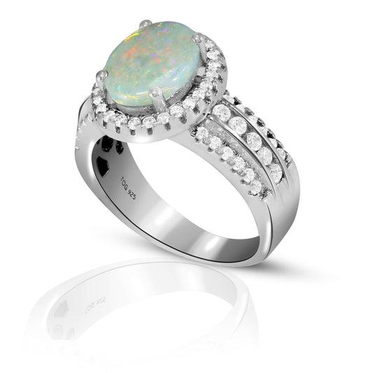 Elegant Opal with White Topaz Ring set in Sterling Silver